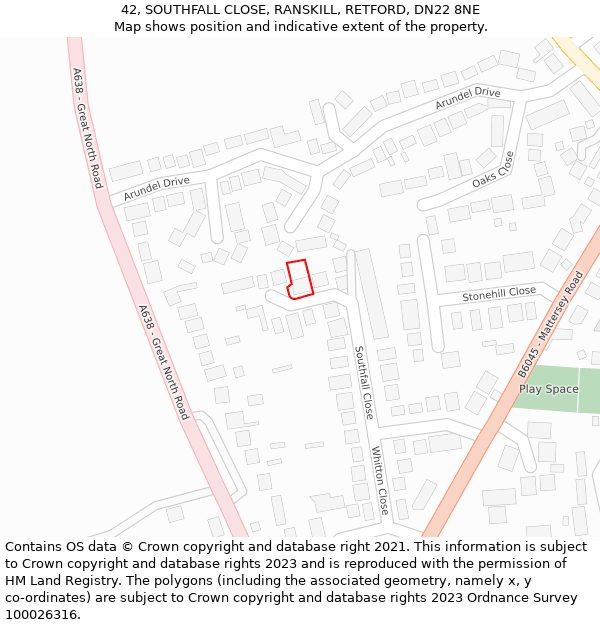 42, SOUTHFALL CLOSE, RANSKILL, RETFORD, DN22 8NE: Location map and indicative extent of plot