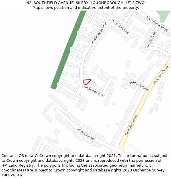 42, SOUTHFIELD AVENUE, SILEBY, LOUGHBOROUGH, LE12 7WQ: Location map and indicative extent of plot