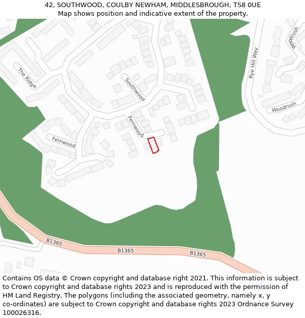 42, SOUTHWOOD, COULBY NEWHAM, MIDDLESBROUGH, TS8 0UE: Location map and indicative extent of plot