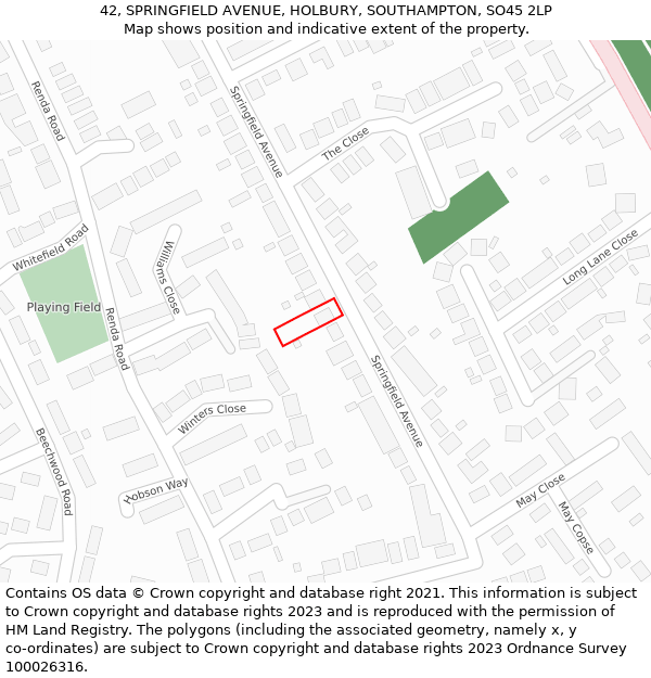 42, SPRINGFIELD AVENUE, HOLBURY, SOUTHAMPTON, SO45 2LP: Location map and indicative extent of plot