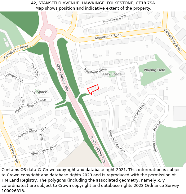 42, STANSFELD AVENUE, HAWKINGE, FOLKESTONE, CT18 7SA: Location map and indicative extent of plot