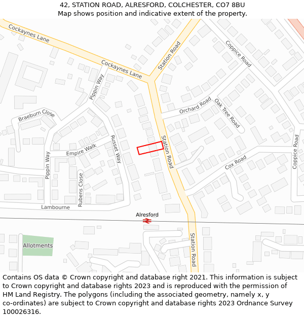 42, STATION ROAD, ALRESFORD, COLCHESTER, CO7 8BU: Location map and indicative extent of plot