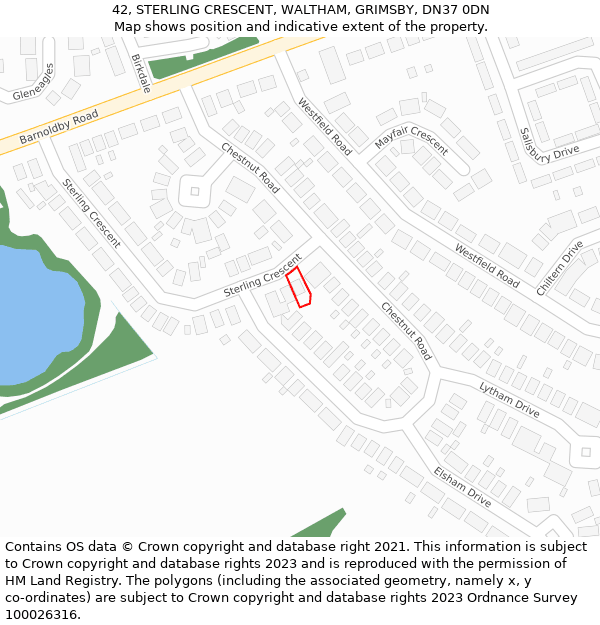 42, STERLING CRESCENT, WALTHAM, GRIMSBY, DN37 0DN: Location map and indicative extent of plot