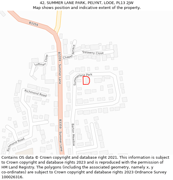 42, SUMMER LANE PARK, PELYNT, LOOE, PL13 2JW: Location map and indicative extent of plot