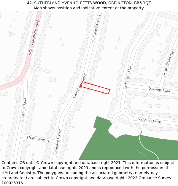 42, SUTHERLAND AVENUE, PETTS WOOD, ORPINGTON, BR5 1QZ: Location map and indicative extent of plot