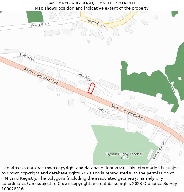 42, TANYGRAIG ROAD, LLANELLI, SA14 9LH: Location map and indicative extent of plot