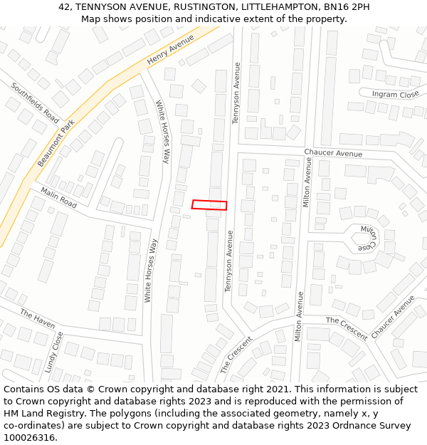 42, TENNYSON AVENUE, RUSTINGTON, LITTLEHAMPTON, BN16 2PH: Location map and indicative extent of plot