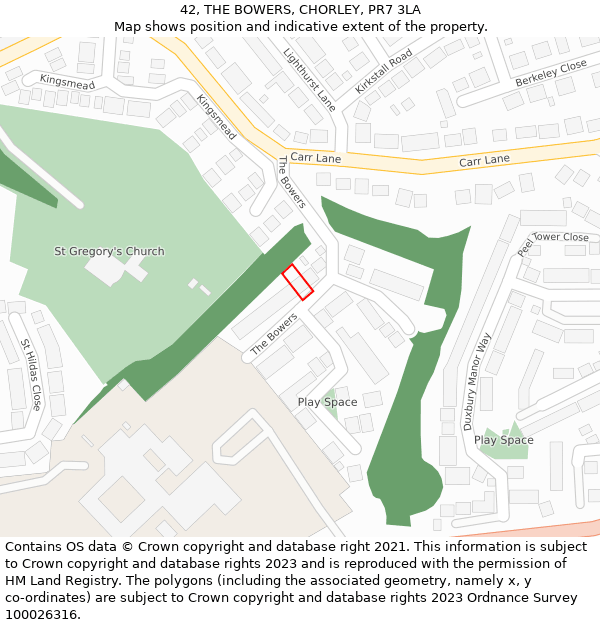 42, THE BOWERS, CHORLEY, PR7 3LA: Location map and indicative extent of plot