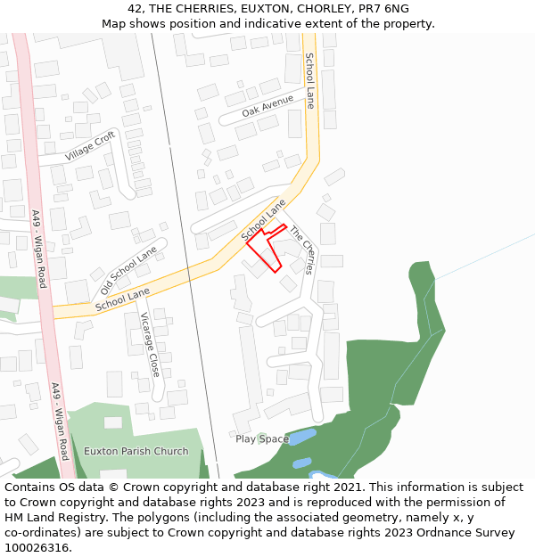 42, THE CHERRIES, EUXTON, CHORLEY, PR7 6NG: Location map and indicative extent of plot