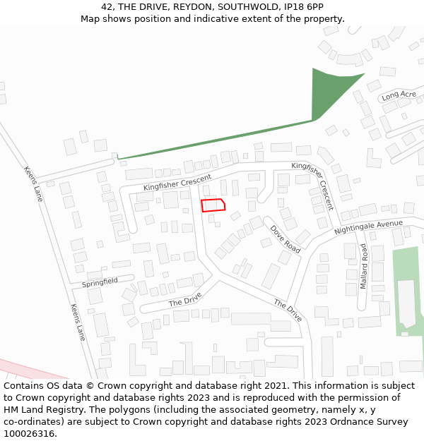 42, THE DRIVE, REYDON, SOUTHWOLD, IP18 6PP: Location map and indicative extent of plot