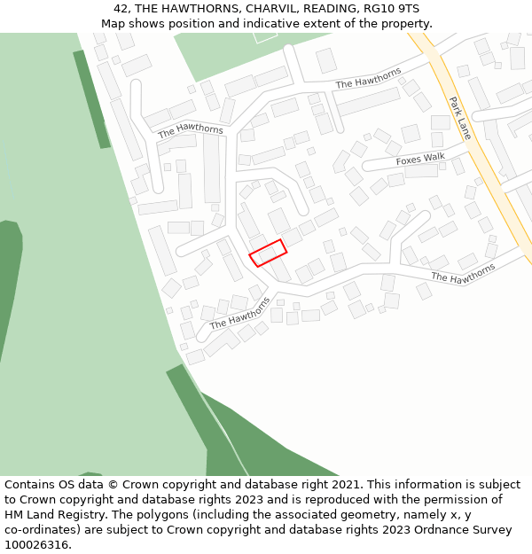 42, THE HAWTHORNS, CHARVIL, READING, RG10 9TS: Location map and indicative extent of plot