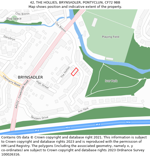 42, THE HOLLIES, BRYNSADLER, PONTYCLUN, CF72 9BB: Location map and indicative extent of plot