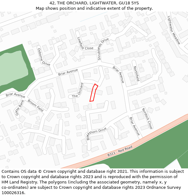 42, THE ORCHARD, LIGHTWATER, GU18 5YS: Location map and indicative extent of plot