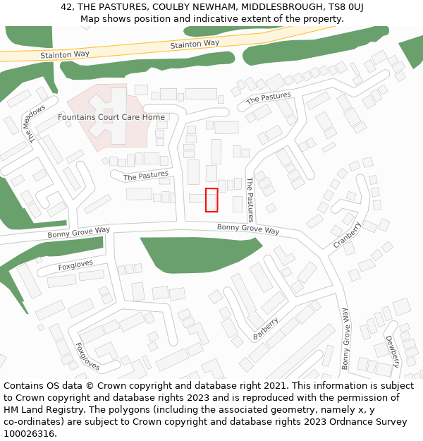 42, THE PASTURES, COULBY NEWHAM, MIDDLESBROUGH, TS8 0UJ: Location map and indicative extent of plot
