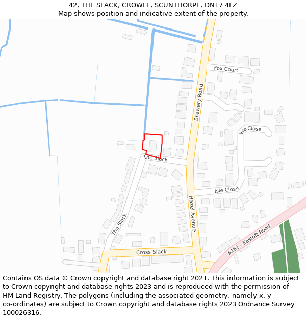 42, THE SLACK, CROWLE, SCUNTHORPE, DN17 4LZ: Location map and indicative extent of plot