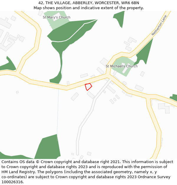 42, THE VILLAGE, ABBERLEY, WORCESTER, WR6 6BN: Location map and indicative extent of plot