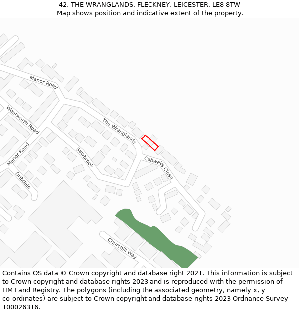 42, THE WRANGLANDS, FLECKNEY, LEICESTER, LE8 8TW: Location map and indicative extent of plot