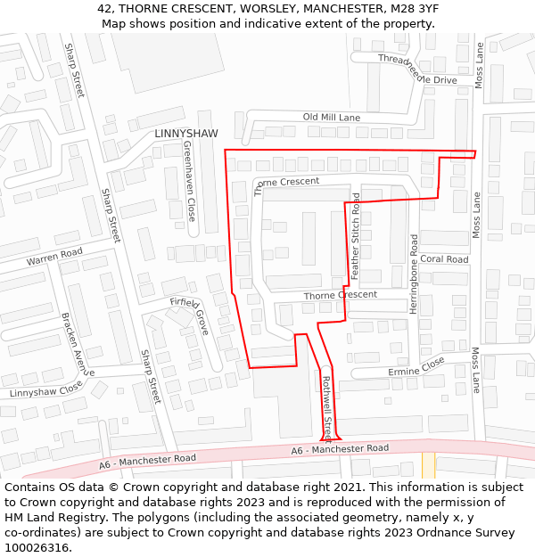 42, THORNE CRESCENT, WORSLEY, MANCHESTER, M28 3YF: Location map and indicative extent of plot