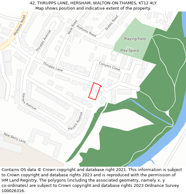 42, THRUPPS LANE, HERSHAM, WALTON-ON-THAMES, KT12 4LY: Location map and indicative extent of plot