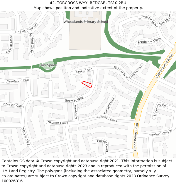 42, TORCROSS WAY, REDCAR, TS10 2RU: Location map and indicative extent of plot