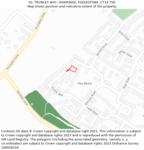 42, TRUNLEY WAY, HAWKINGE, FOLKESTONE, CT18 7SD: Location map and indicative extent of plot