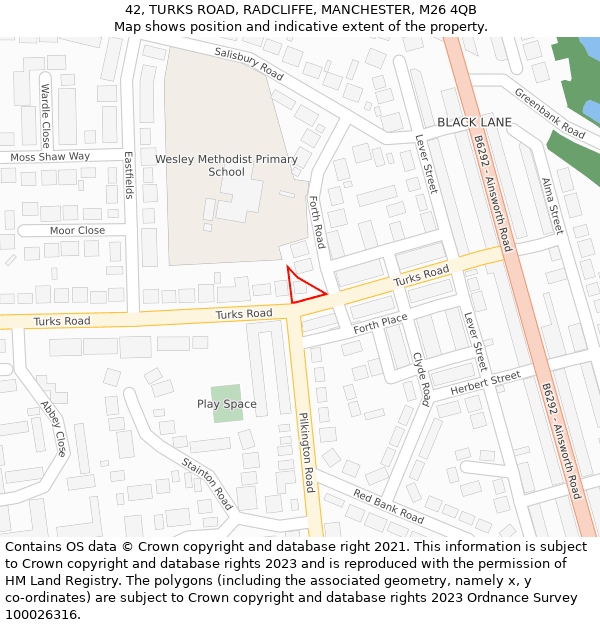 42, TURKS ROAD, RADCLIFFE, MANCHESTER, M26 4QB: Location map and indicative extent of plot