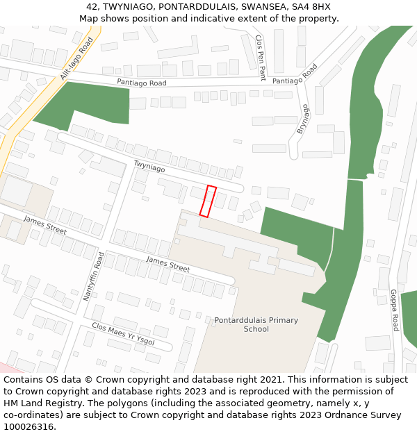 42, TWYNIAGO, PONTARDDULAIS, SWANSEA, SA4 8HX: Location map and indicative extent of plot