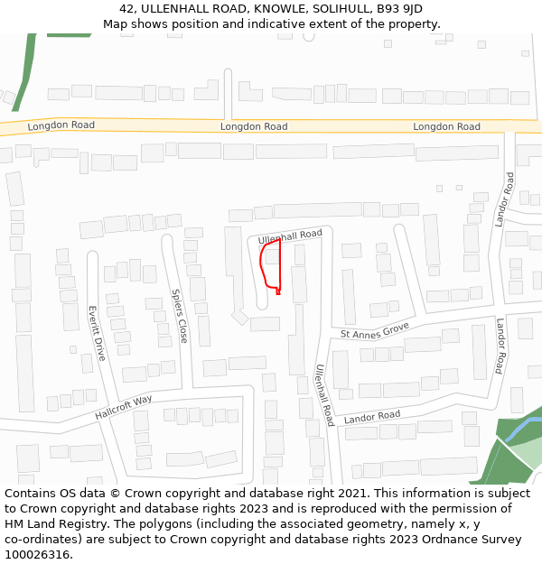 42, ULLENHALL ROAD, KNOWLE, SOLIHULL, B93 9JD: Location map and indicative extent of plot