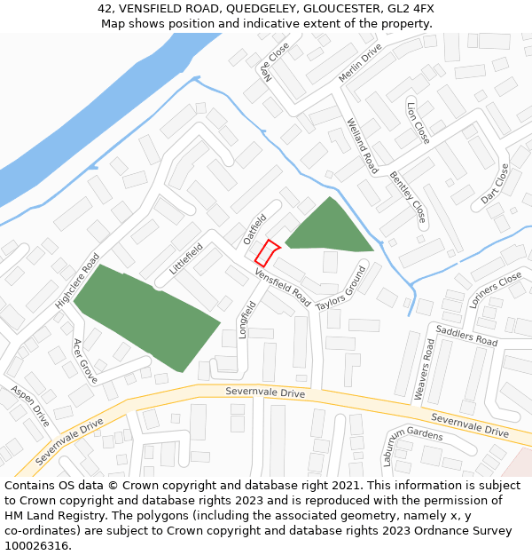 42, VENSFIELD ROAD, QUEDGELEY, GLOUCESTER, GL2 4FX: Location map and indicative extent of plot