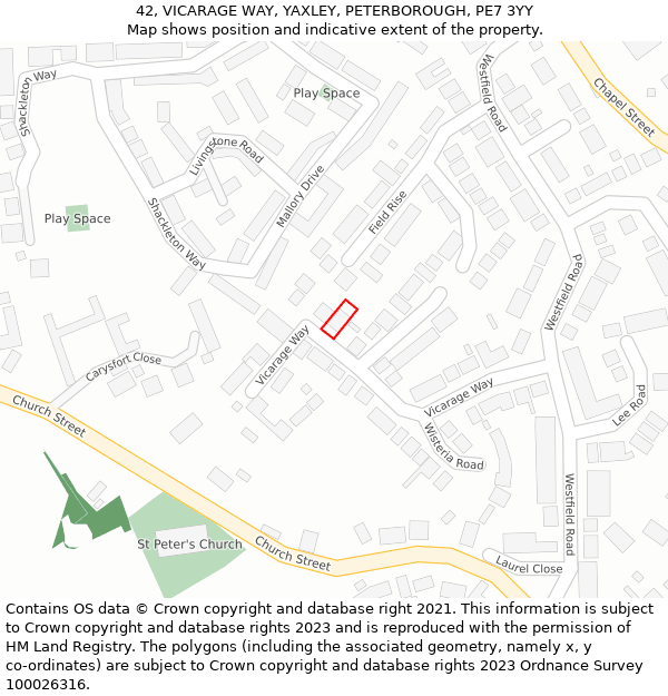 42, VICARAGE WAY, YAXLEY, PETERBOROUGH, PE7 3YY: Location map and indicative extent of plot