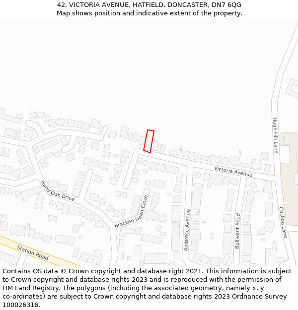 42, VICTORIA AVENUE, HATFIELD, DONCASTER, DN7 6QG: Location map and indicative extent of plot