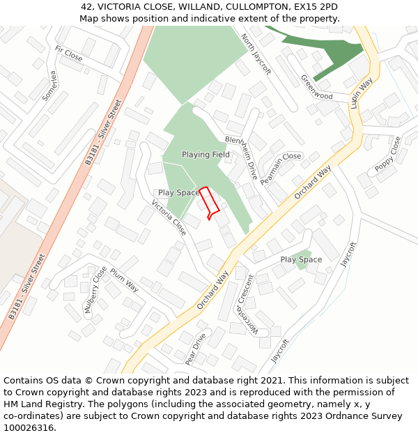 42, VICTORIA CLOSE, WILLAND, CULLOMPTON, EX15 2PD: Location map and indicative extent of plot