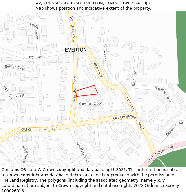 42, WAINSFORD ROAD, EVERTON, LYMINGTON, SO41 0JR: Location map and indicative extent of plot