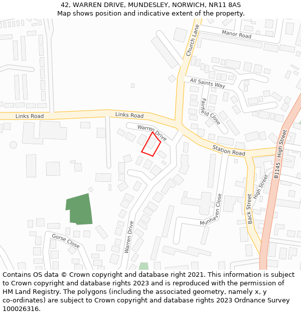 42, WARREN DRIVE, MUNDESLEY, NORWICH, NR11 8AS: Location map and indicative extent of plot