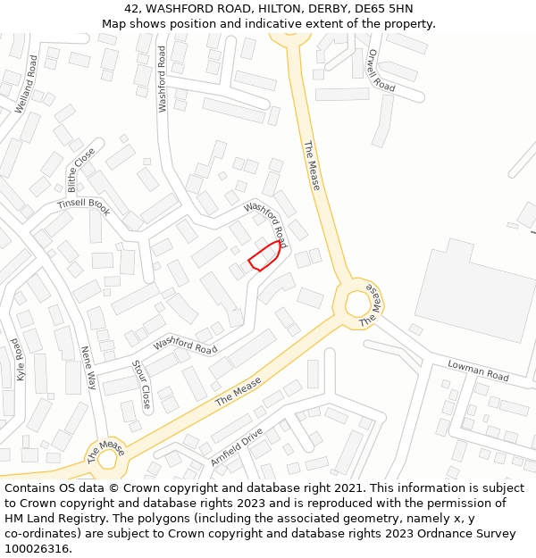 42, WASHFORD ROAD, HILTON, DERBY, DE65 5HN: Location map and indicative extent of plot