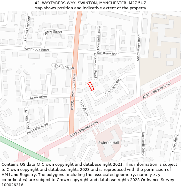 42, WAYFARERS WAY, SWINTON, MANCHESTER, M27 5UZ: Location map and indicative extent of plot