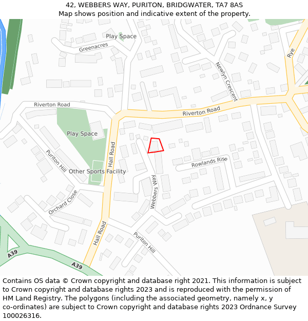 42, WEBBERS WAY, PURITON, BRIDGWATER, TA7 8AS: Location map and indicative extent of plot