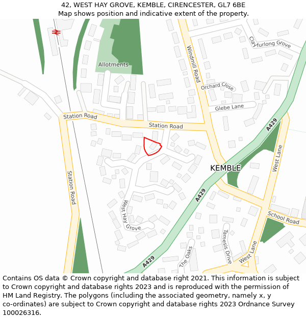 42, WEST HAY GROVE, KEMBLE, CIRENCESTER, GL7 6BE: Location map and indicative extent of plot