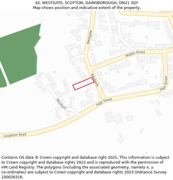 42, WESTGATE, SCOTTON, GAINSBOROUGH, DN21 3QY: Location map and indicative extent of plot