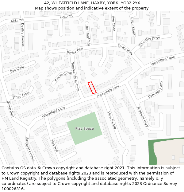 42, WHEATFIELD LANE, HAXBY, YORK, YO32 2YX: Location map and indicative extent of plot