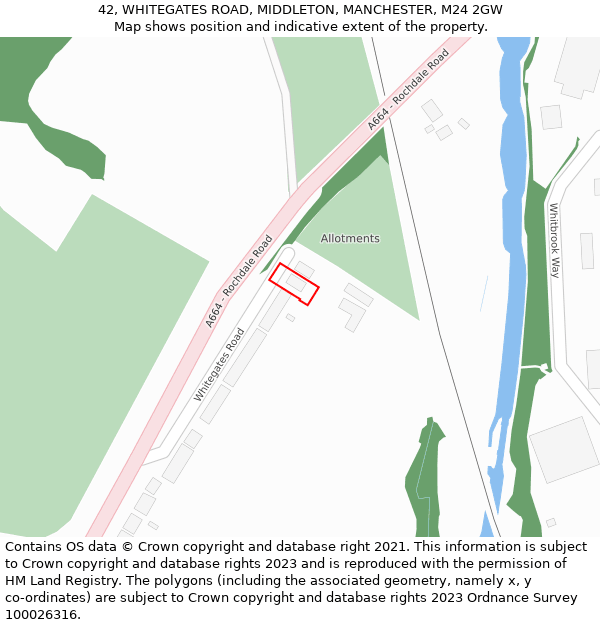 42, WHITEGATES ROAD, MIDDLETON, MANCHESTER, M24 2GW: Location map and indicative extent of plot