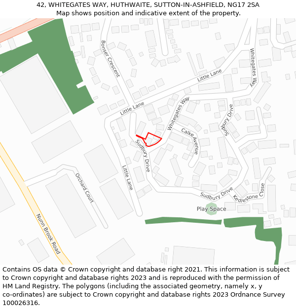 42, WHITEGATES WAY, HUTHWAITE, SUTTON-IN-ASHFIELD, NG17 2SA: Location map and indicative extent of plot