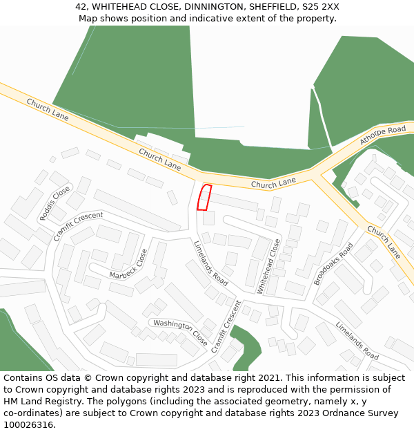 42, WHITEHEAD CLOSE, DINNINGTON, SHEFFIELD, S25 2XX: Location map and indicative extent of plot