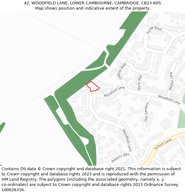 42, WOODFIELD LANE, LOWER CAMBOURNE, CAMBRIDGE, CB23 6DS: Location map and indicative extent of plot