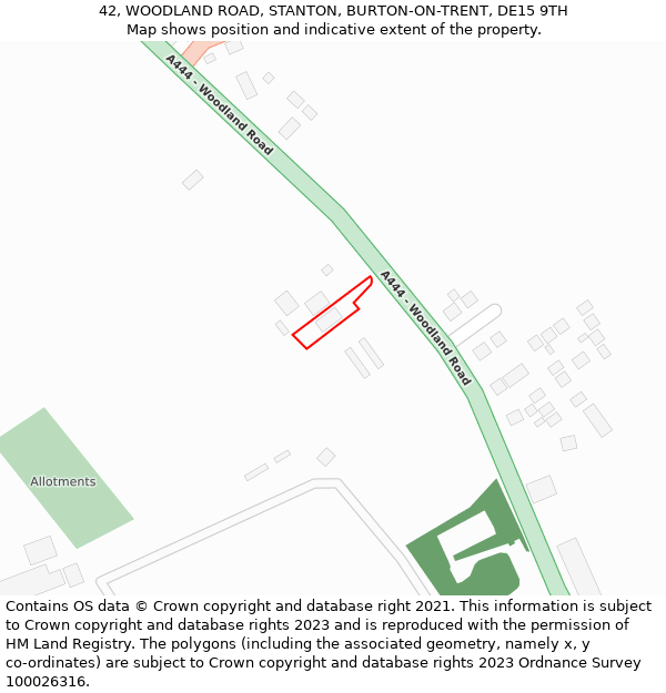 42, WOODLAND ROAD, STANTON, BURTON-ON-TRENT, DE15 9TH: Location map and indicative extent of plot