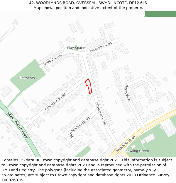 42, WOODLANDS ROAD, OVERSEAL, SWADLINCOTE, DE12 6LS: Location map and indicative extent of plot