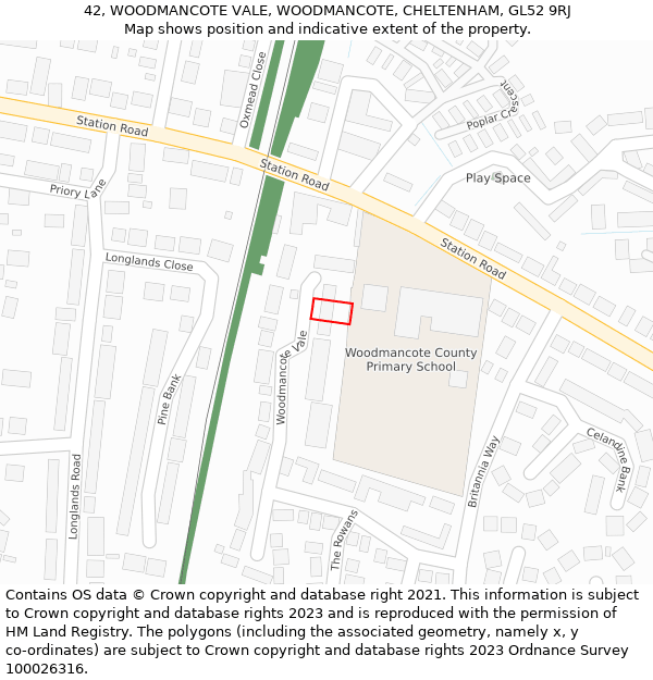 42, WOODMANCOTE VALE, WOODMANCOTE, CHELTENHAM, GL52 9RJ: Location map and indicative extent of plot