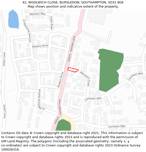 42, WOOLWICH CLOSE, BURSLEDON, SOUTHAMPTON, SO31 8GE: Location map and indicative extent of plot