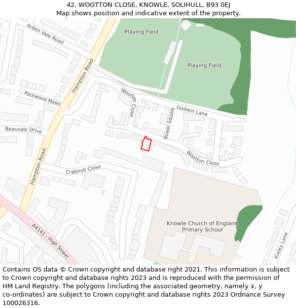 42, WOOTTON CLOSE, KNOWLE, SOLIHULL, B93 0EJ: Location map and indicative extent of plot