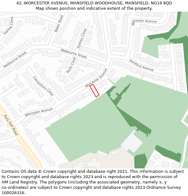 42, WORCESTER AVENUE, MANSFIELD WOODHOUSE, MANSFIELD, NG19 8QD: Location map and indicative extent of plot